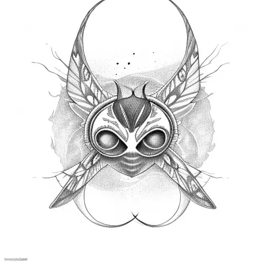 A moth emerging from a ghostface mask with a crescent moon overhead tattoo design idea