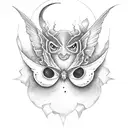 A moth emerging from a ghostface mask with a crescent moon overhead tattoo design idea