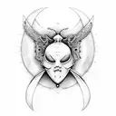 A moth emerging from a ghostface mask with a crescent moon overhead tattoo design idea
