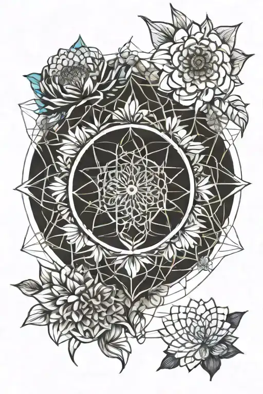 flower of life, yin and yang, 7 chakras and lotus flower  tattoo design idea