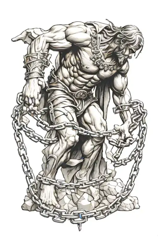 Greek titan whose hands and feet are tied to the rock with many chains tattoo design idea