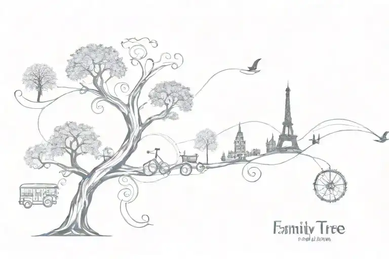 abstract representation of family tree intertwined with music, landmarks from Glasgow, London, Turkey Holland Sri Lanka tattoo design idea