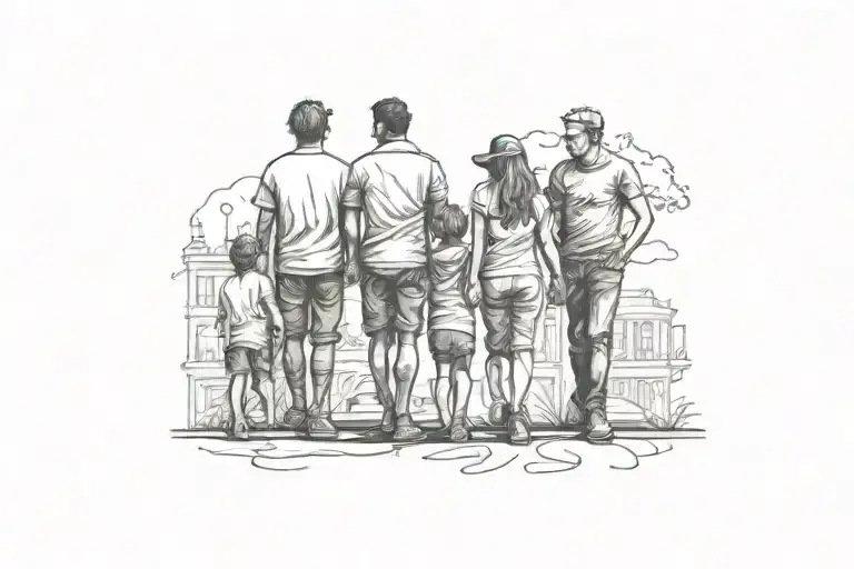 silhouette of a family with 2 teens with london  subtly incorporated into the design tattoo design idea