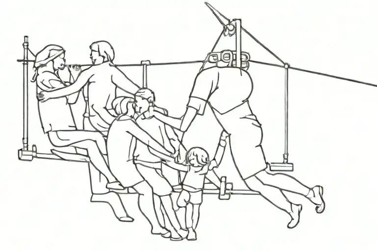 silhouette of mum, dad, son, daughter being lifted by ship crane tattoo design idea