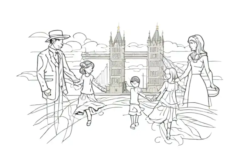 a silhouette of a husband, wife, daughter and son holding hands with an element of london incorporated into the design. tattoo design idea