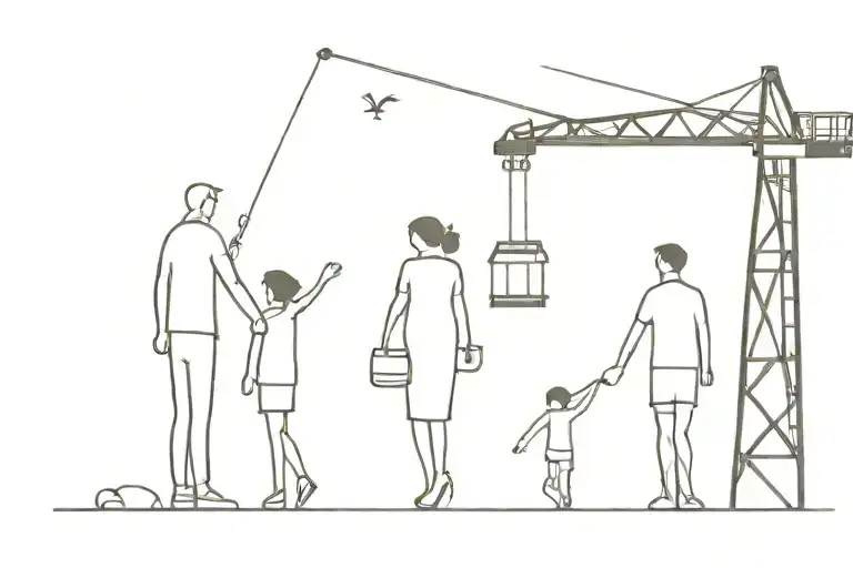 silhouette of mum, dad, son, daughter being lifted by ship crane tattoo design idea