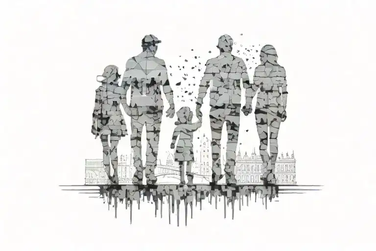 silhouette of a family with 2 teens with london  subtly incorporated into the design tattoo design idea