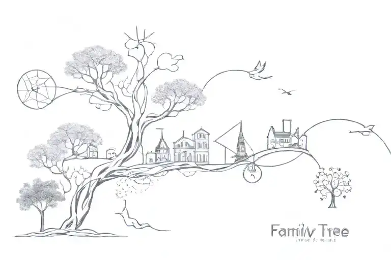 abstract representation of family tree intertwined with music, landmarks from Glasgow, London, Turkey Holland Sri Lanka tattoo design idea