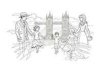 a silhouette of a husband, wife, daughter and son holding hands with an element of london incorporated into the design. tattoo design idea