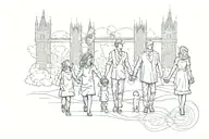 a silhouette of a husband, wife, daughter and son holding hands with an element of london incorporated into the design. tattoo design idea