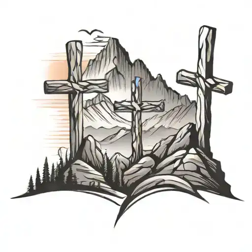 3 crosses in mountain landscape at sunset and at the top  more simple tattoo design idea