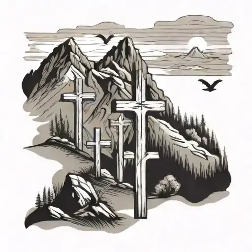 3 crosses in mountain landscape tattoo design idea