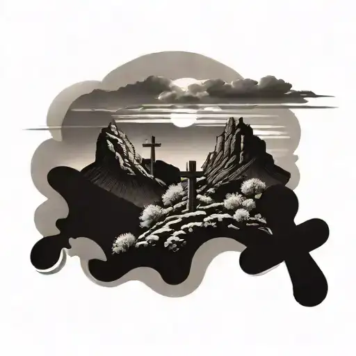 3 crosses in mountain landscape at sunset tattoo design idea