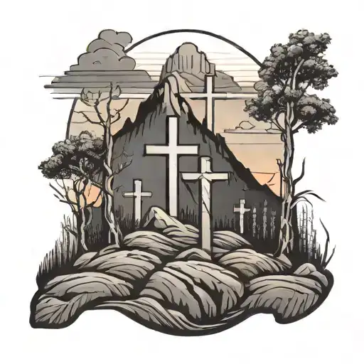 3 crosses in mountain landscape at sunset more simple tattoo design idea