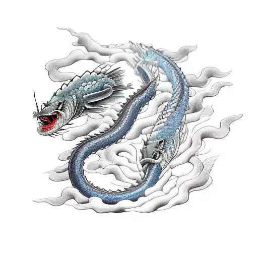 Dragonfish with characteristics of an eel in terms of its body, wrapperd around the forearm,  lightning coming off it tattoo design idea