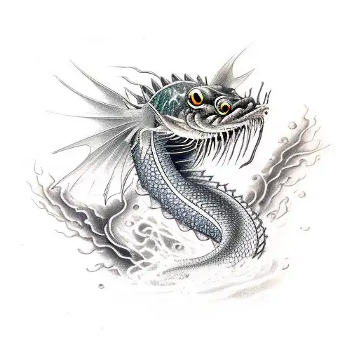 Dragonfish with characteristics of an eel in terms of its body, wrapperd around the forearm,  lightning coming off it tattoo design idea