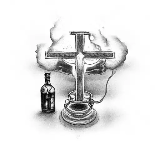 A black-grey tattoo of a bartending scene with a Christian cross subtly incorporated tattoo design idea