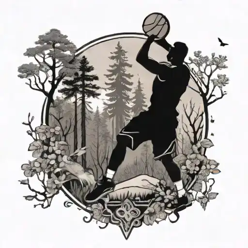An athlete shooting hoops in a mystical forest setting tattoo design idea