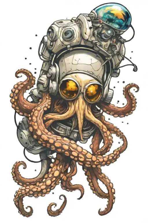 Create a detailed image of an octopus floating in space, its tentacles curling gracefully around an astronaut helmet.  tattoo design idea