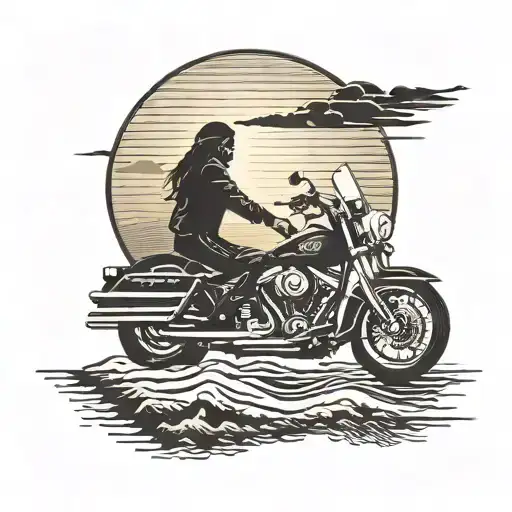 A silhouette of a biker on a Harley Davidson motorcycle with a backdrop of a sunset over a Native American reservation tattoo design idea