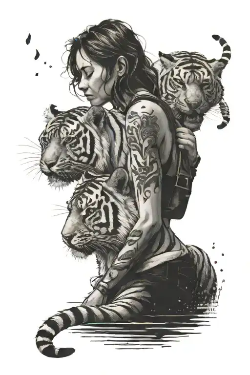 jetty with girl hugging tiger tattoo design idea