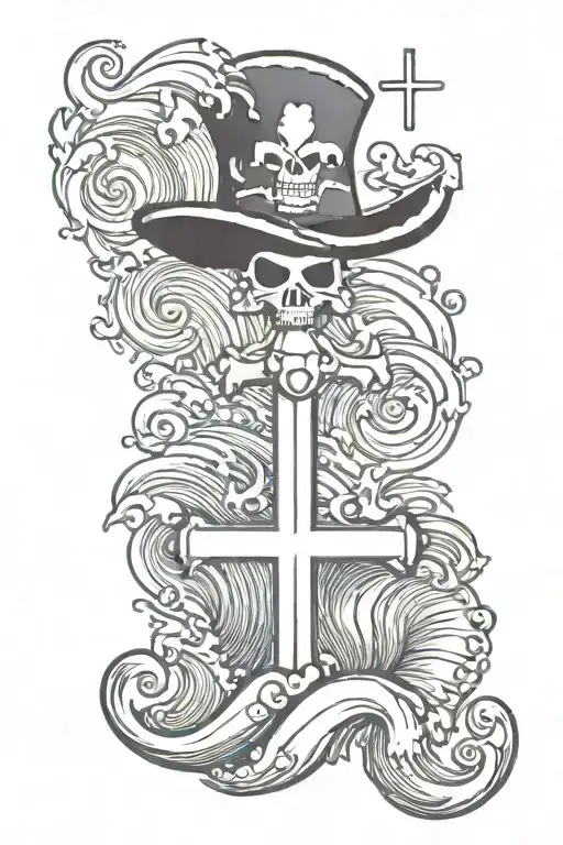 waves and a cross with a sea shell and a pirate wearing a top hat  tattoo design idea