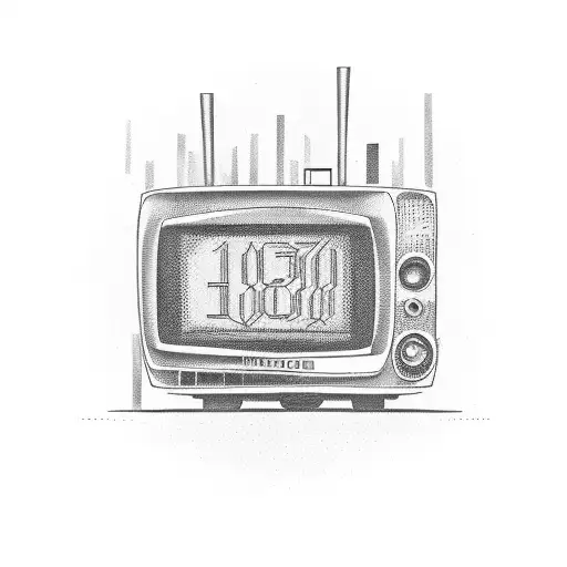 A dotwork tattoo of a vintage television with the year '1979' displayed on the screen tattoo design idea