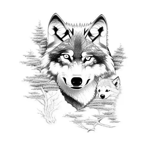 wolf and cub in forest tattoo design idea