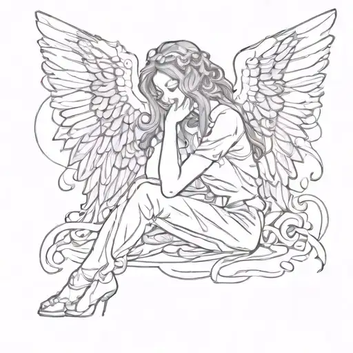 girl angel sitting crying tattoo design idea