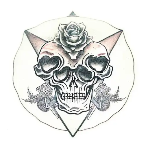 a tarot style card with "memento mori" written on the bottom. in the middle a skull surrounded by ferns and mushrooms tattoo design idea