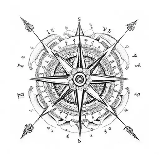 An intricate dotwork tattoo of a compass surrounded by a beautiful floral wreath of roses and landscapes tattoo design idea