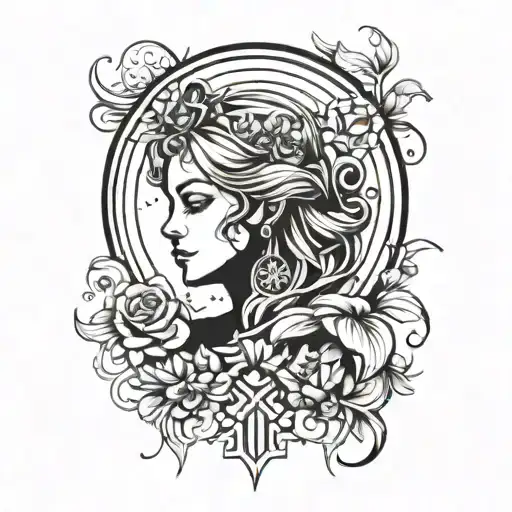 Create a tattoo of a Virgo zodiac sign symbol with a twist of anime style, featuring intricate blackwork detailing tattoo design idea