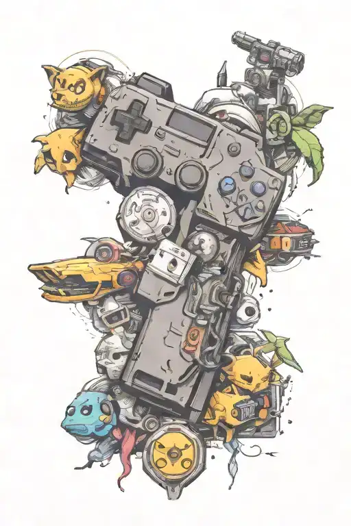 detailed close-up of a gamer's tattooed arm filled with pop culture characters and accessories  tattoo design idea