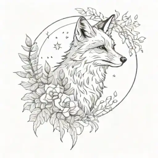 fox under the moon and stars in fern leaves and flowers tattoo design idea