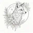 fox under the moon and stars in fern leaves and flowers tattoo design idea
