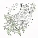 fox under the moon and stars in fern leaves and flowers tattoo design idea