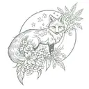 fox under the moon and stars in fern leaves and flowers tattoo design idea