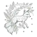 fox under the moon and stars in fern leaves and flowers tattoo design idea