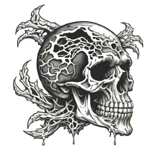 skull with open mouth and fangs wrapped around eye in mouth with brain exposed through cracked skull tattoo design idea