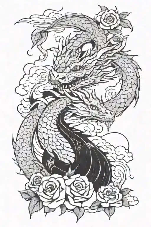feminine dragons and rose in clouds tattoo design idea