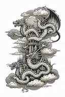 three dragons and clouds and castle tattoo design idea