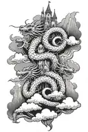 three dragons and clouds and castle tattoo design idea
