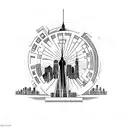 A minimalist tattoo of the New York skyline with a microphone intertwined, symbolizing your occupation as an entertainer in the city. tattoo design idea