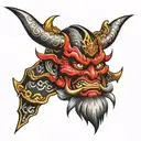 oni mask samurai warrior holding tattoo design idea