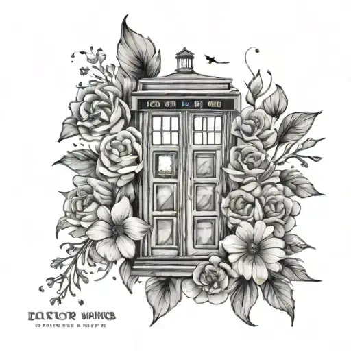 Doctor Who TARDIS surrounded by a galaxy of flowers tattoo design idea