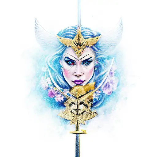 valkyrie face with flowers in her hair and sword in her hand tattoo design idea