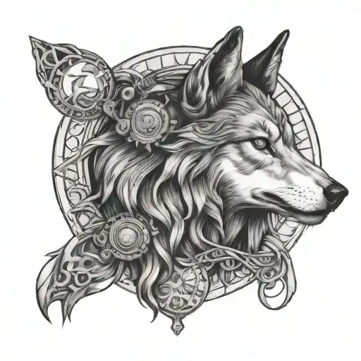 Hecate with wolf head and moon above with crystals  tattoo design idea