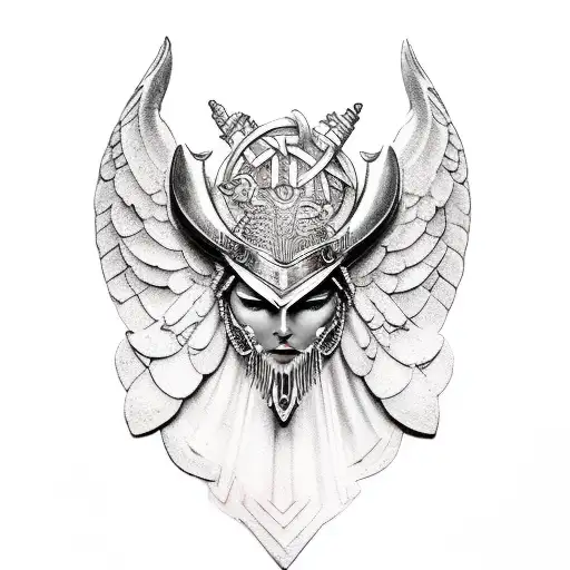 Norse meets greek mythology with a valkyrie with a beatiful face tattoo design idea