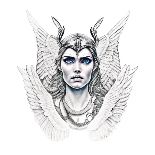 from upper quad to below knee Norse meets greek mythology with a valkyrie with a beatiful face tattoo design idea