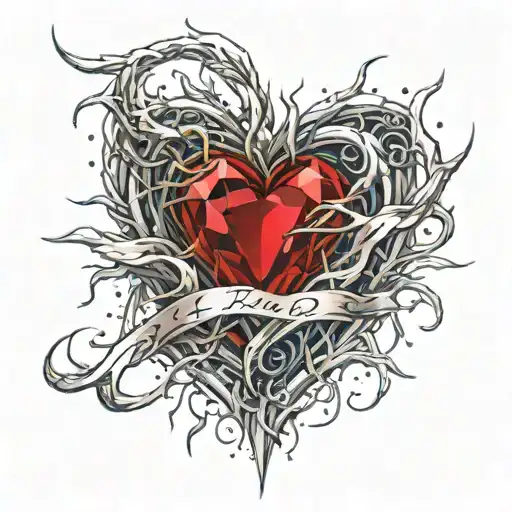 Crystal Deep Red Heart, The word Ruby in gold underneath, intricate silver thorns twisting around. tattoo design idea